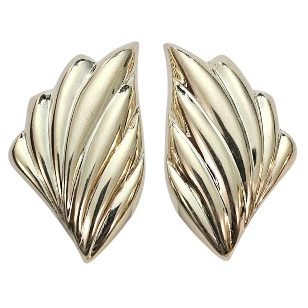 Sterling Silver Italy Puffy Fan, Plume Clip On Earrings Modernist Shell